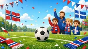 Familie heier på fotballbane med fotball og norske farger, tegneserie forside til fotballquiz