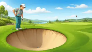 Golfspiller som ser ned i en stor sandbunker med en golfball