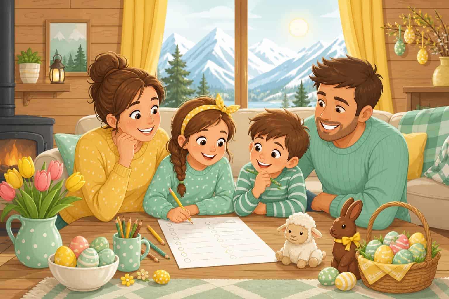 Familie med penn og papir spiller påskequiz ved hyttebordet.